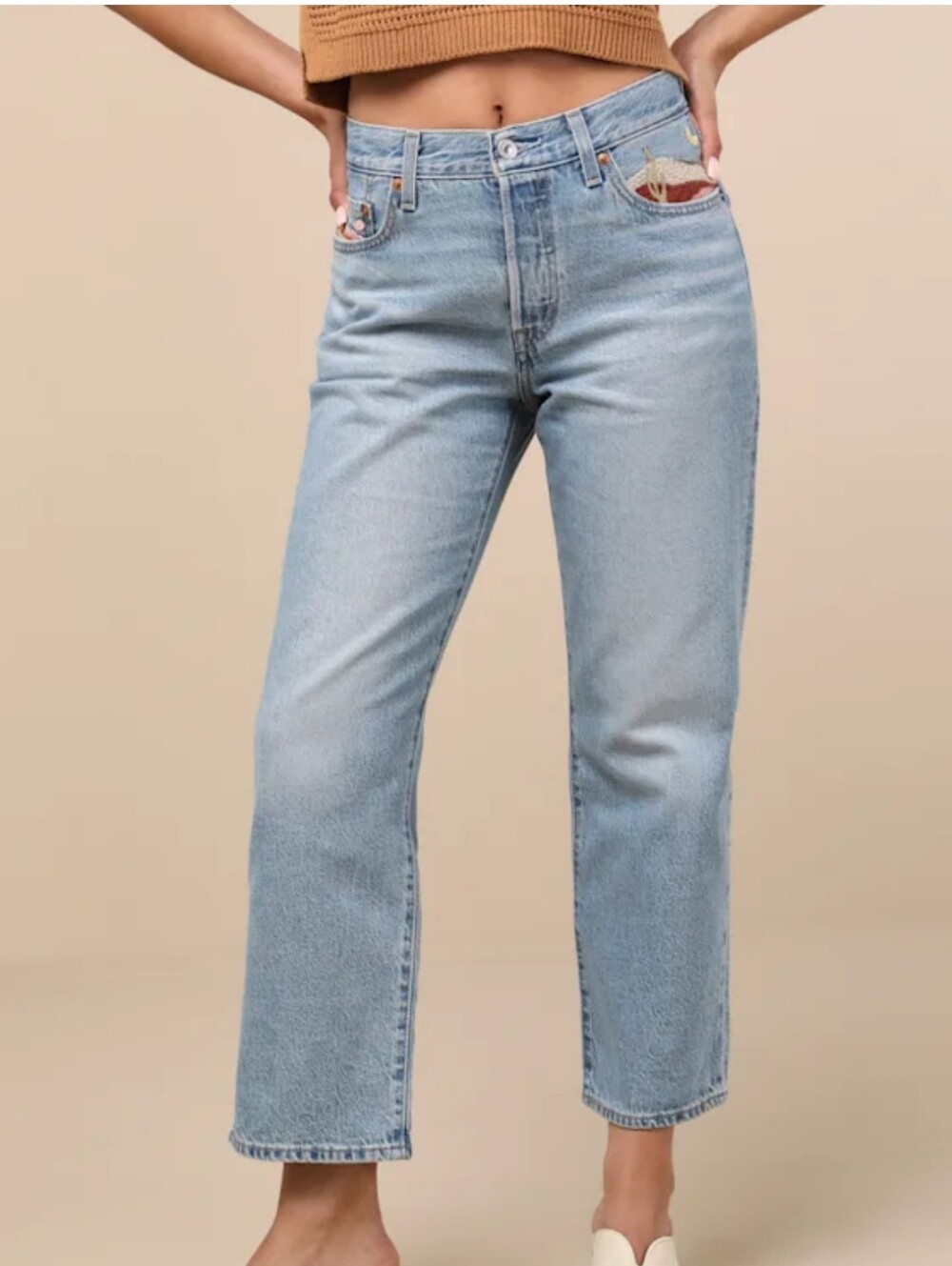 Levi's 501 90's Ankle Light Wash Embroidered Straight Leg Jeans 28 29 Crop